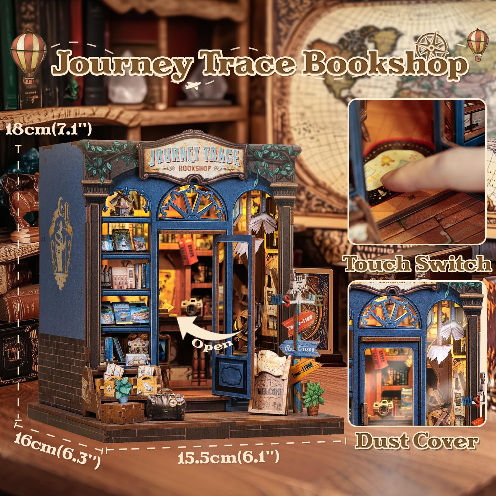 CUTEBEE Book Nook Kit interior shelves reveal miniature travel books for a charming scene