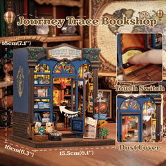 CUTEBEE Book Nook Kit interior shelves reveal miniature travel books for a charming scene
