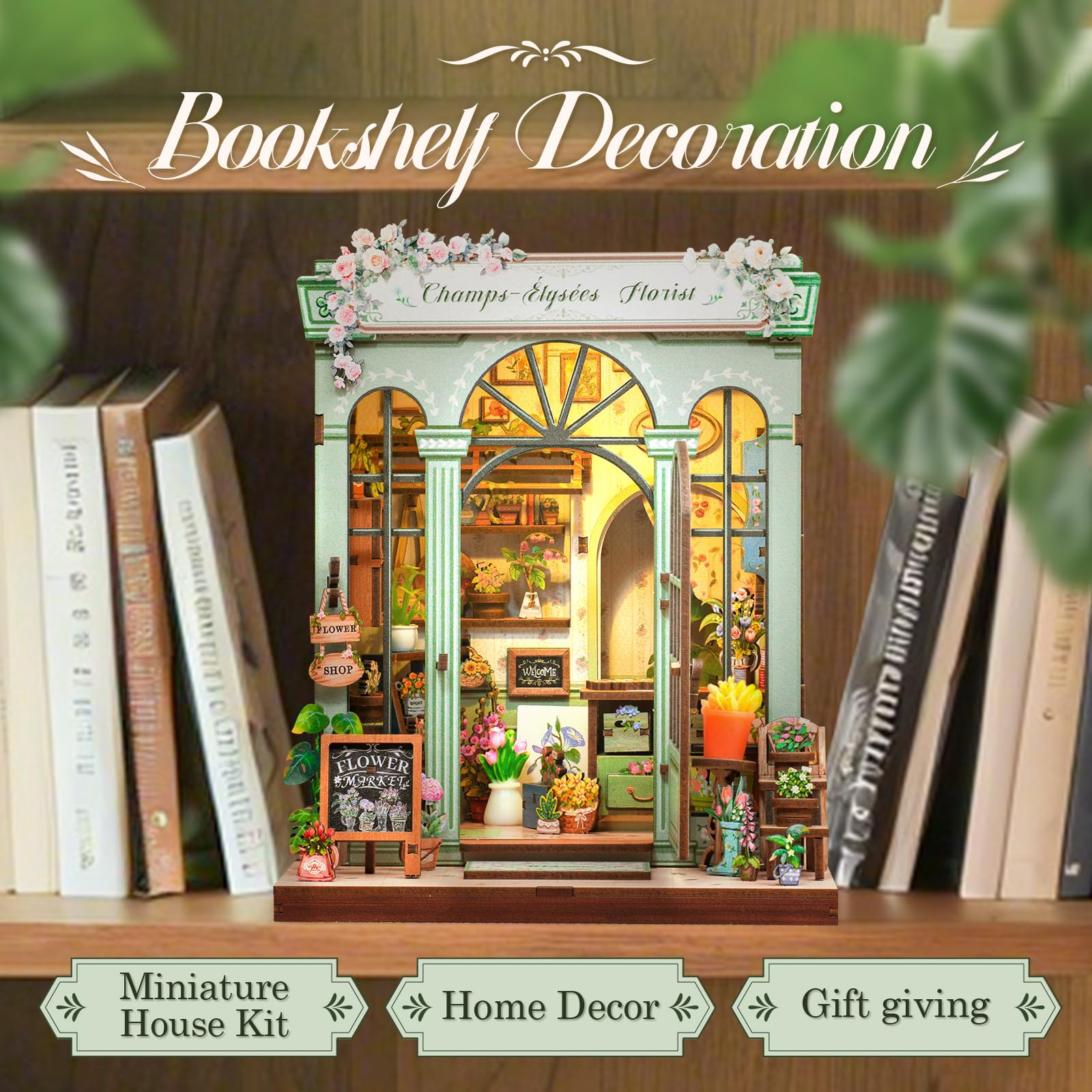 CUTEBEE Book Nook Kit LED lighting provides warm glow for display shelves.