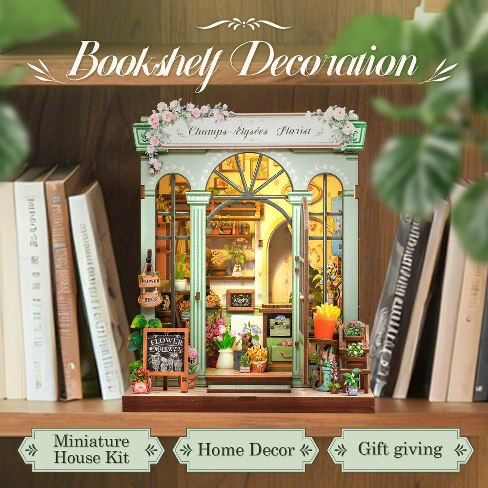 CUTEBEE Book Nook Kit LED lighting provides warm glow for display shelves.