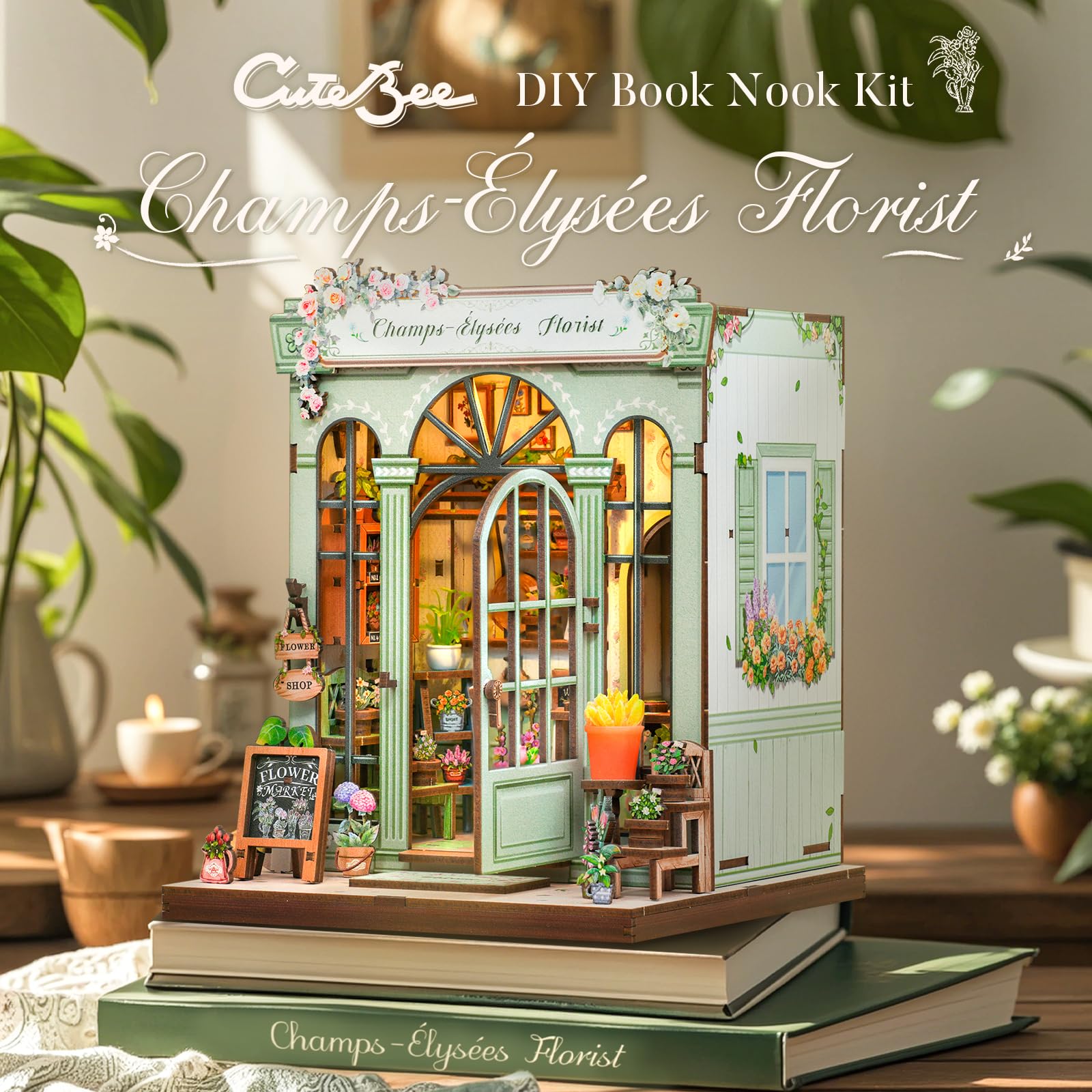 CUTEBEE Book Nook Kit lighting effect enhances ambience on your desk.