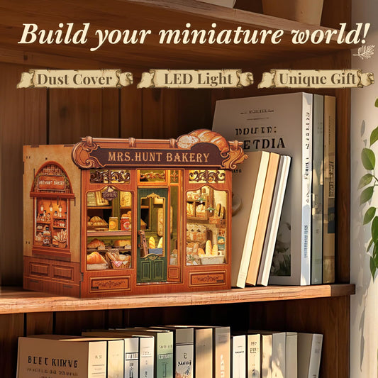 CUTEBEE Book Nook Kit interior scene lit at night for warm ambiance display.
