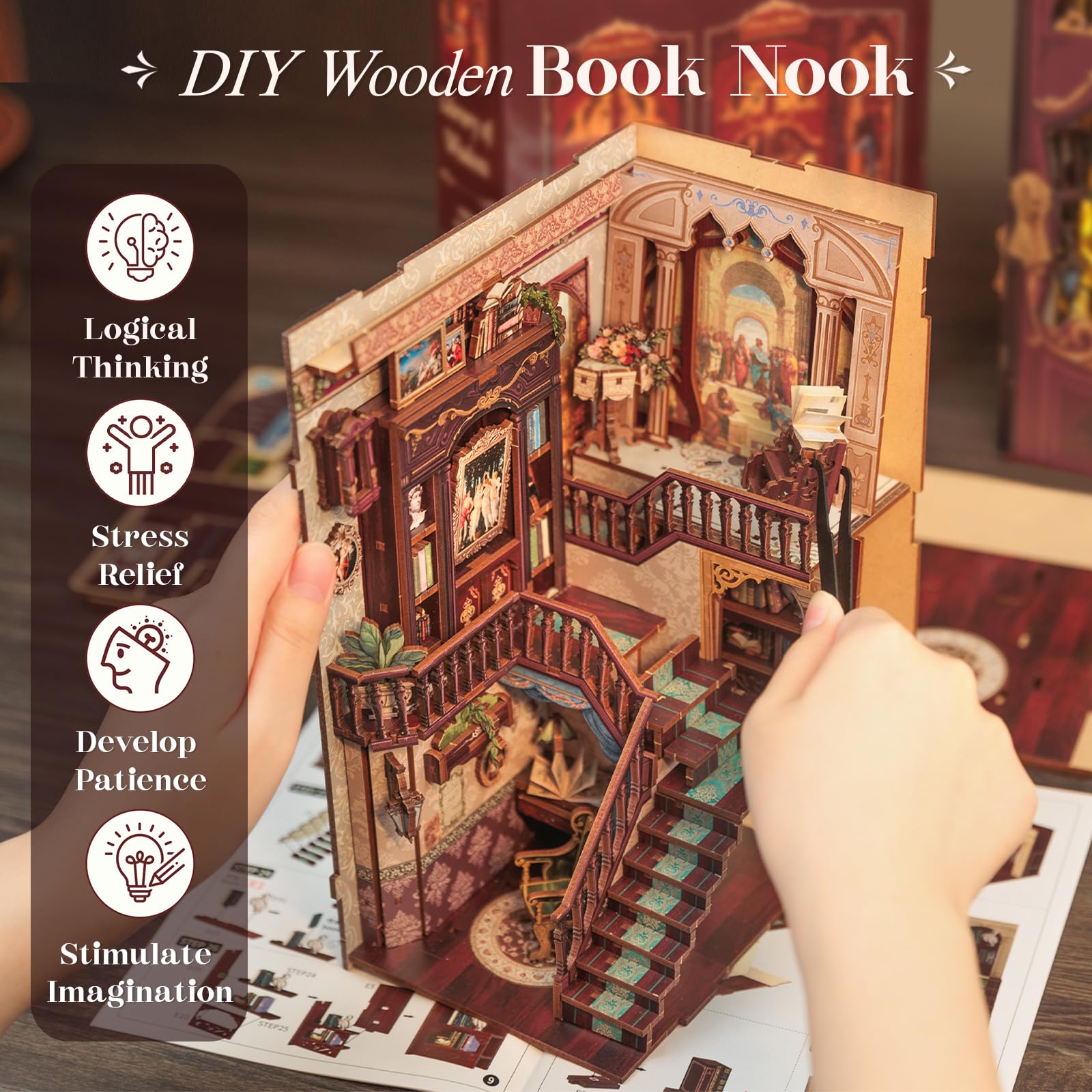CUTEBEE Book Nook Kit wood puzzle parts showcase craftsmanship for gifts.