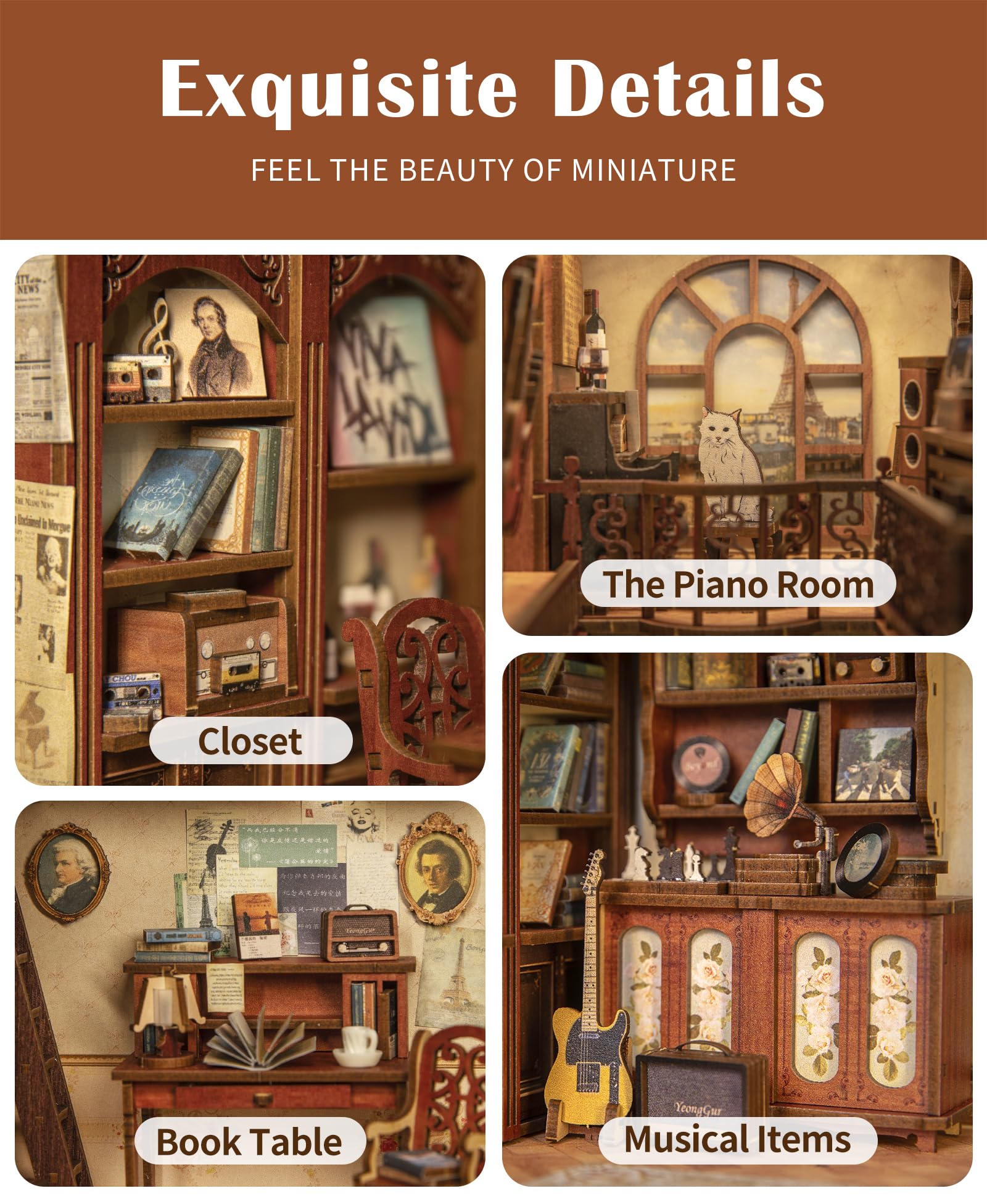 CUTEBEE Book Nook Kit wooden puzzle pieces ready to assemble.