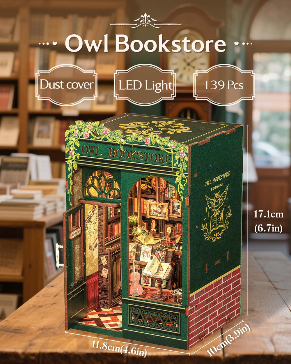 Cutebee Book Nook LED Illumination highlights miniature scenes at night.
