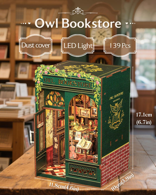 Cutebee Book Nook LED Illumination highlights miniature scenes at night.