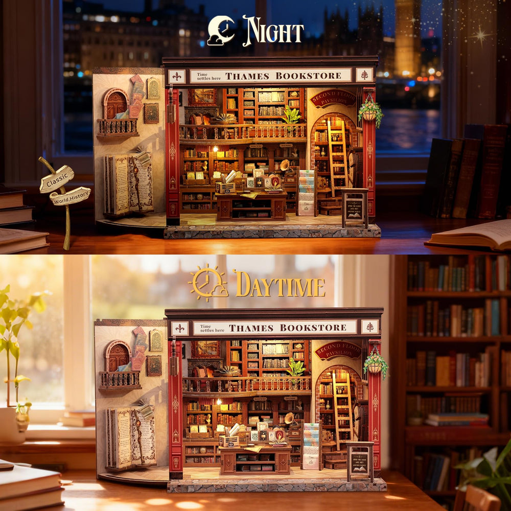 CUTEBEE Book Nook LED lighting brightens the miniature library at night.