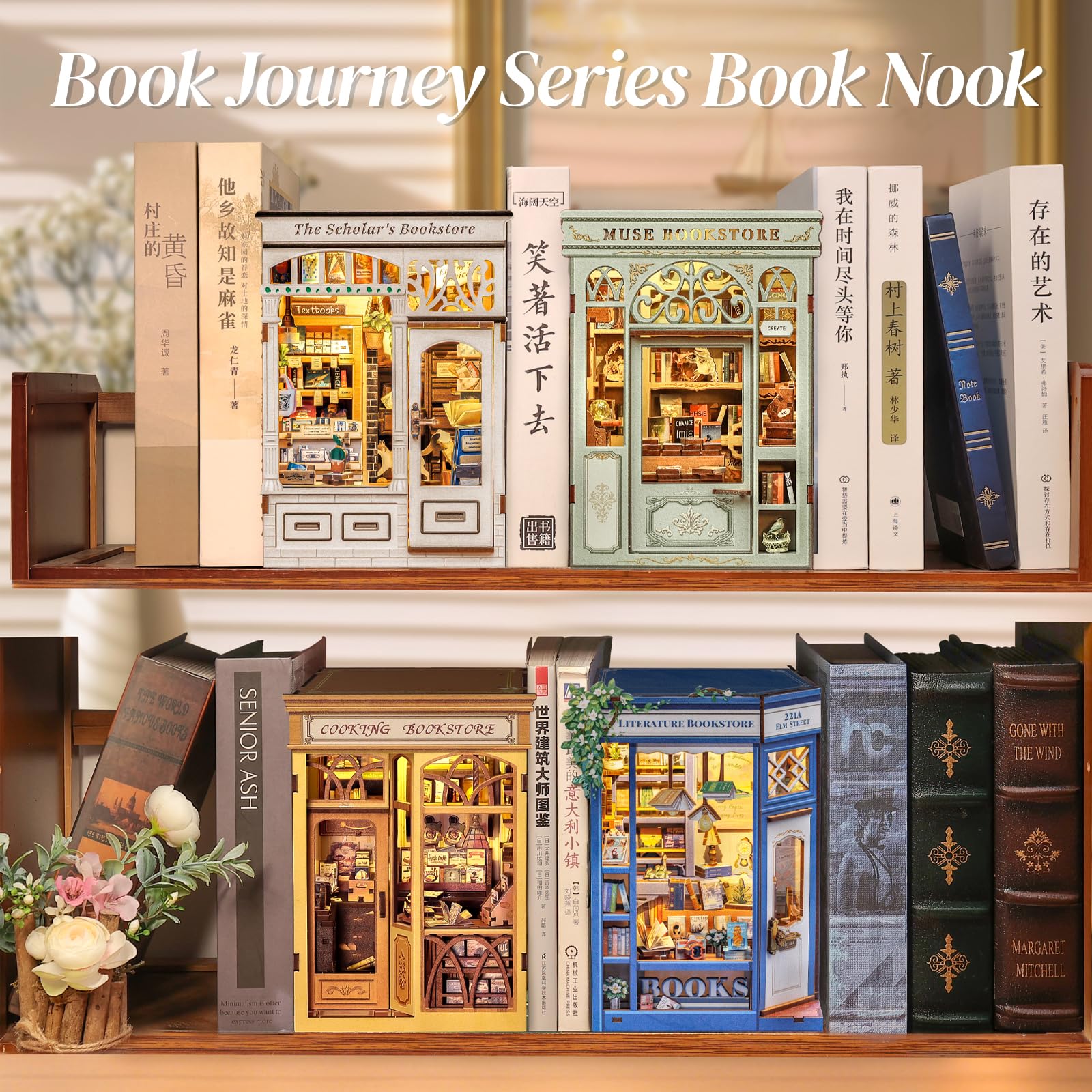 CUTEBEE book nook lit display demonstrates cozy ambience when illuminated.