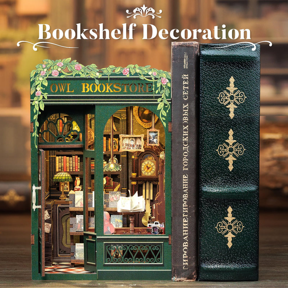 CUTEBEE Book Nook shelves and lamps—creates a warm reading nook.