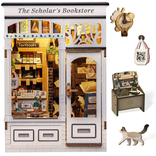 CUTEBEE Book Nook Kit front view with walnut shelves for a cozy reading corner