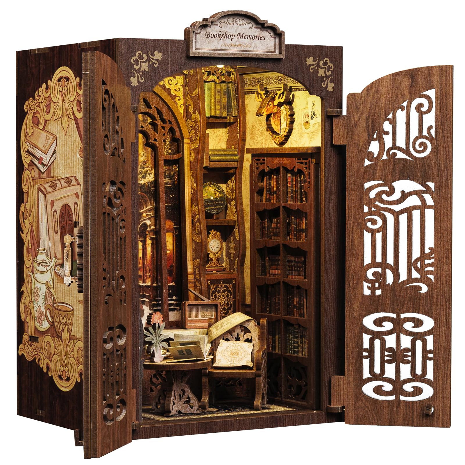 Cutebee Booknook kit shows a cozy library scene on a shelf