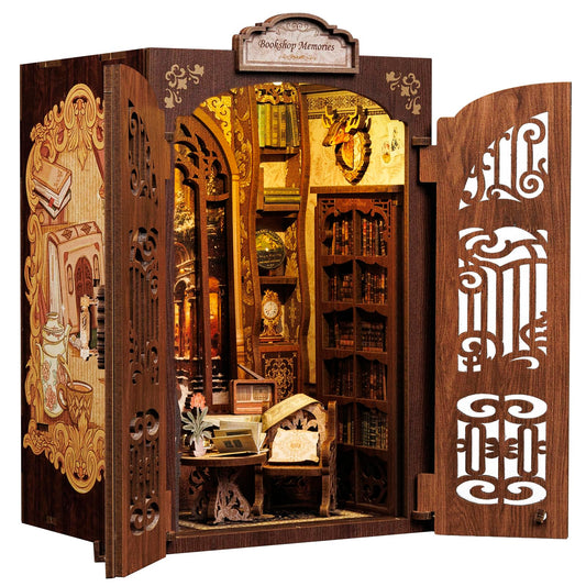 Cutebee Booknook kit shows a cozy library scene on a shelf