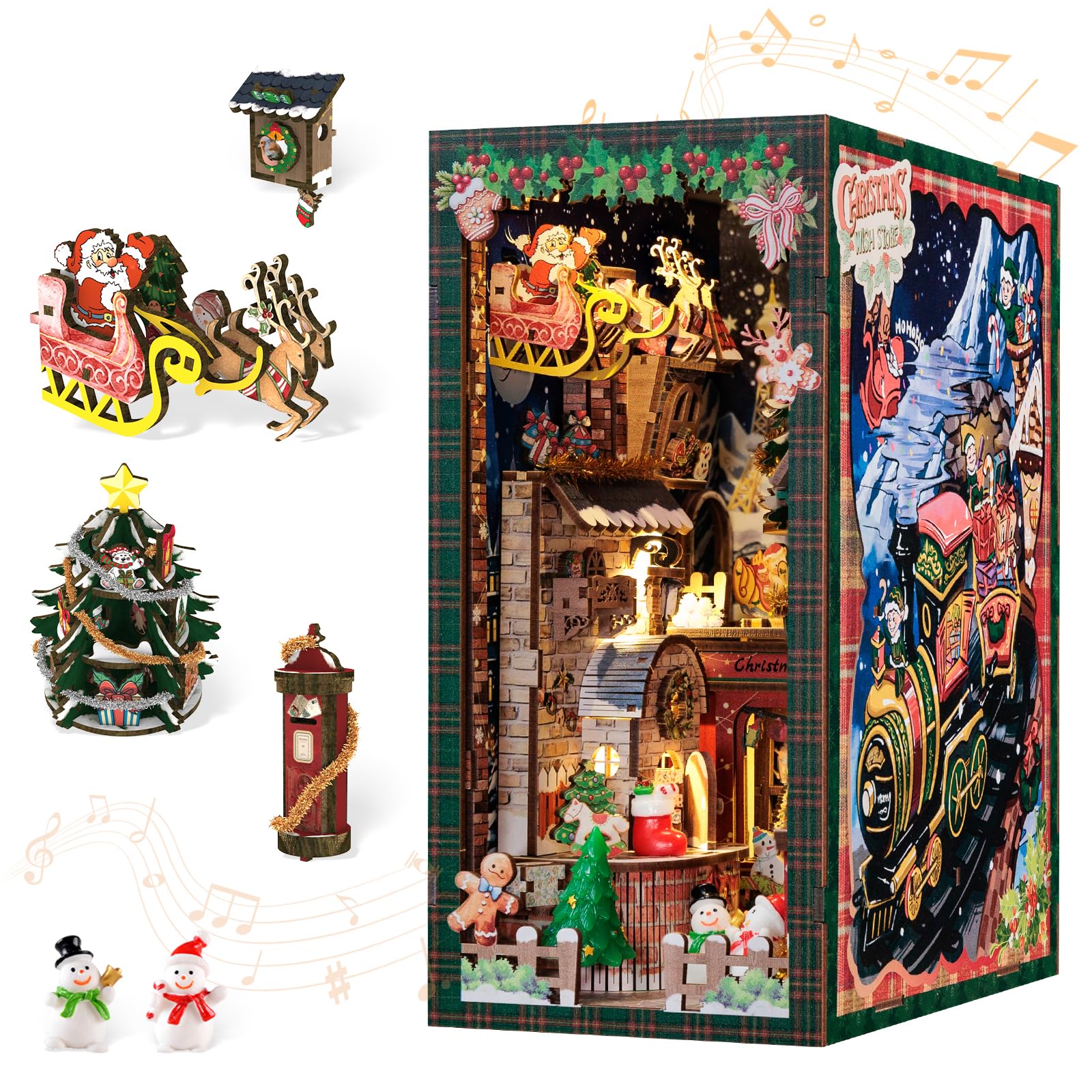 Cutebee Christmas Book Nook Kit front view showing a cozy cottage scene for bookshelf decor.