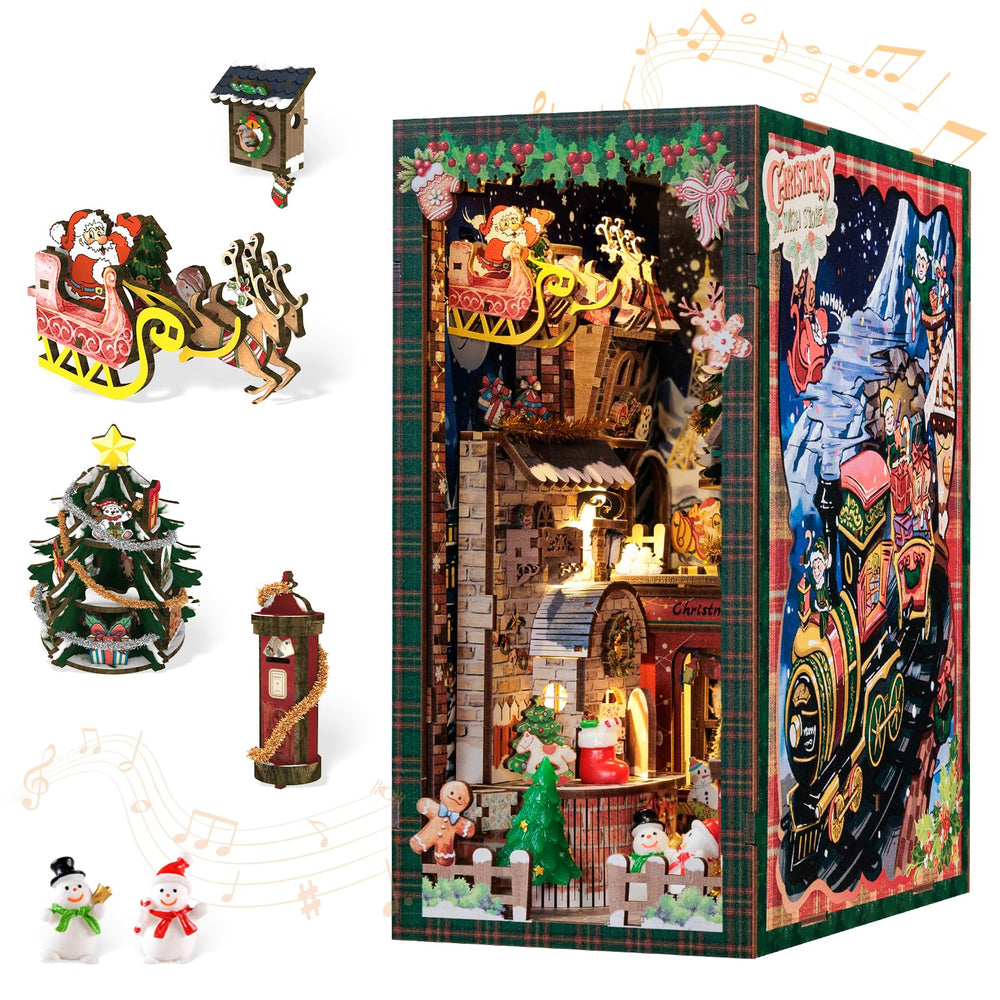 Cutebee Christmas Book Nook Kit front view showing a cozy cottage scene for bookshelf decor.
