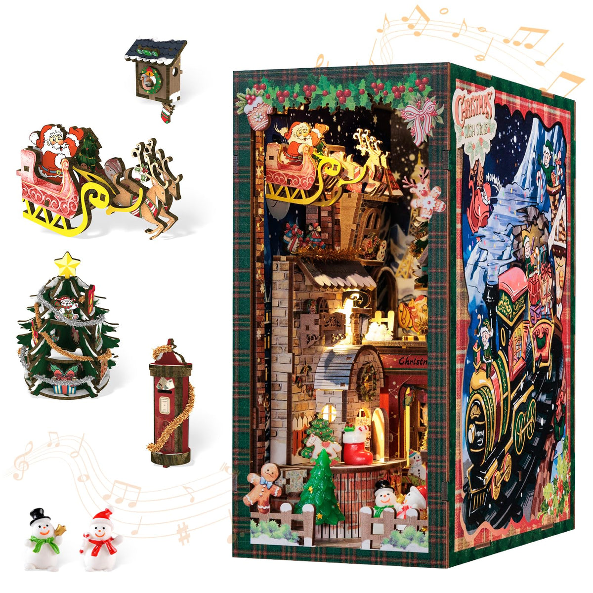 Cutebee Christmas Book Nook Kit front view showing a cozy cottage scene for bookshelf decor.