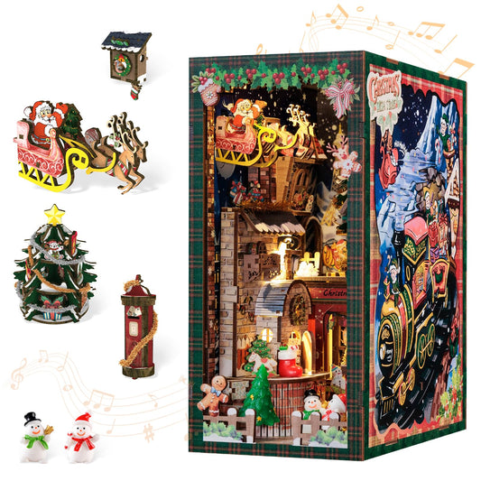 Cutebee Christmas Book Nook Kit front view showing a cozy cottage scene for bookshelf decor.