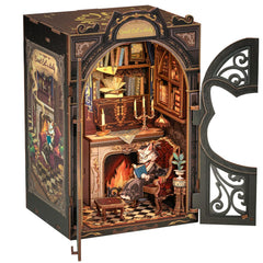 Cutebee Count Cat's Study book nook kit with a glowing LED entrance for cozy ambiance.