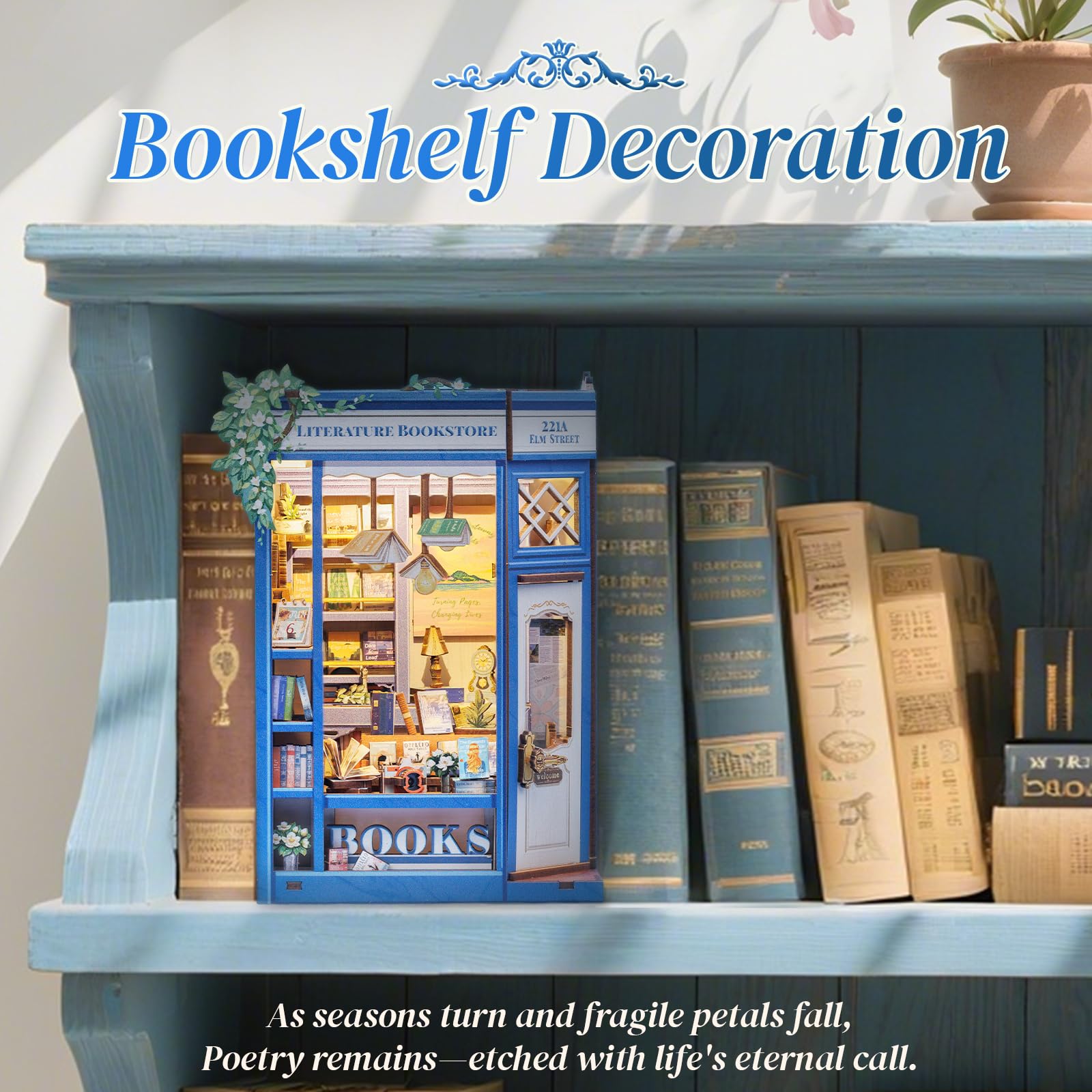 CUTEBEE miniature bookstore interior with shelves and tiny books for realism.