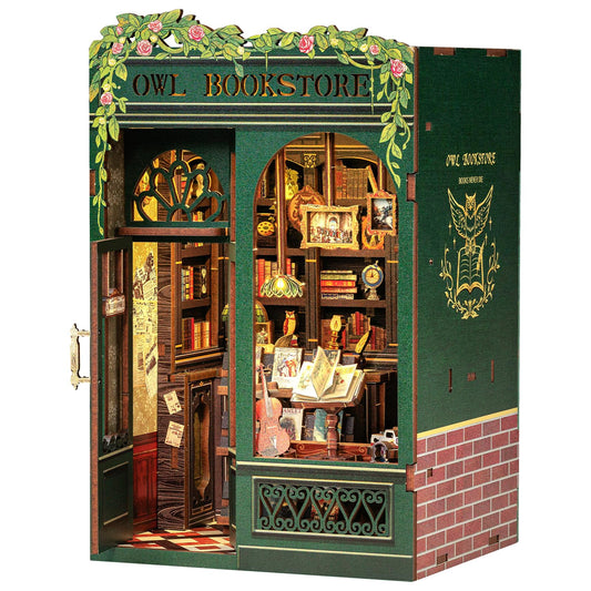 CUTEBEE Owl Bookstore book nook kit front view enhances desk decor and cozy reading vibes.