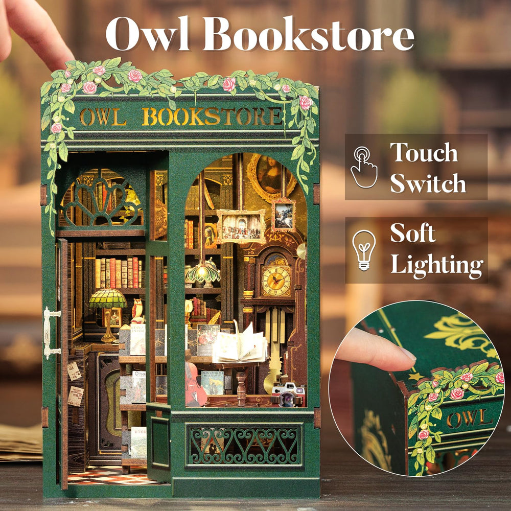 CUTEBEE Owl Bookstore kit door open highlights inviting entrance for DIY enthusiasts.