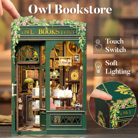 CUTEBEE Owl Bookstore kit door open highlights inviting entrance for DIY enthusiasts.