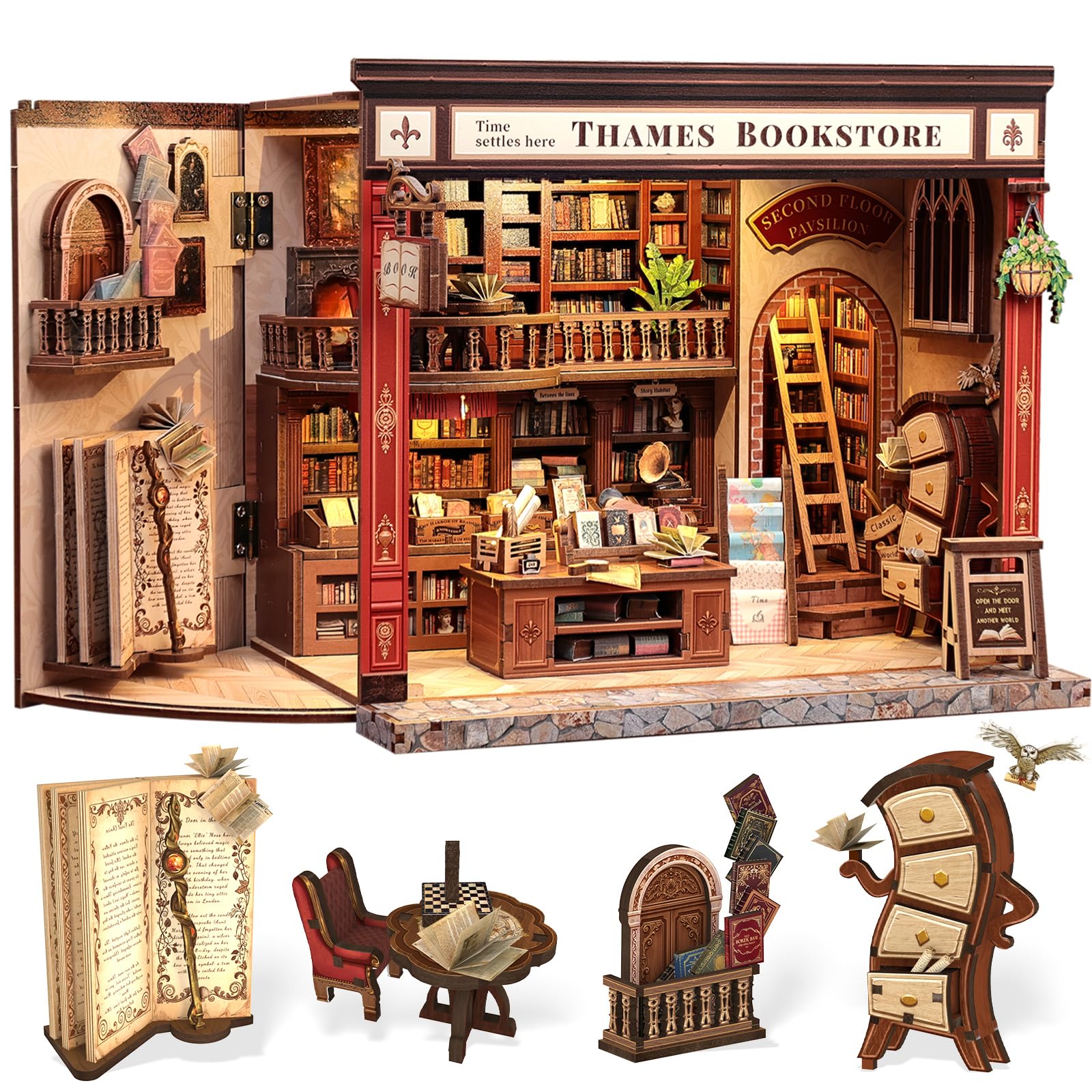CUTEBEE Thames Bookstore front exterior highlights vintage red brick charm for cozy shelves.