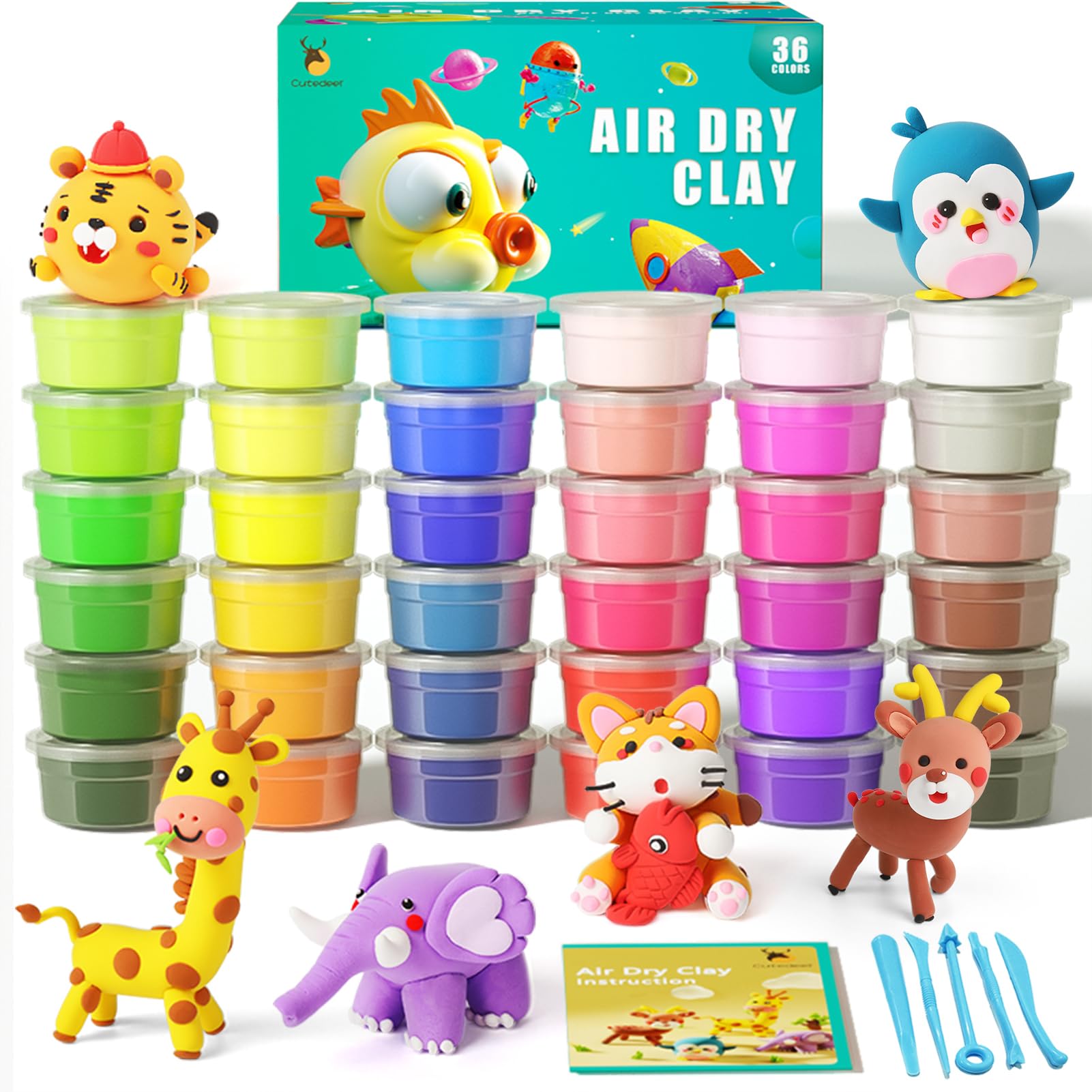 Cutedeer Air Dry Clay Kit with 36 colors for kids to spark creativity.