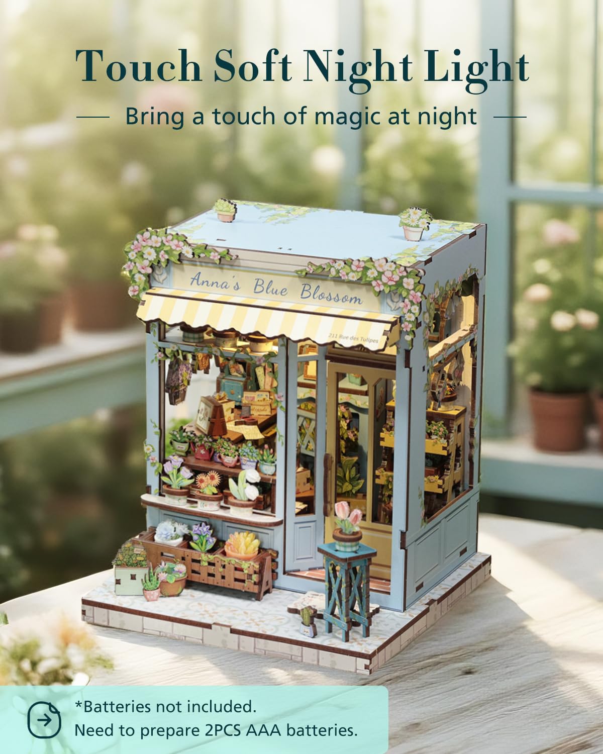 Cutefun Anna's Blue Blossom LED lighting adds warm ambience.