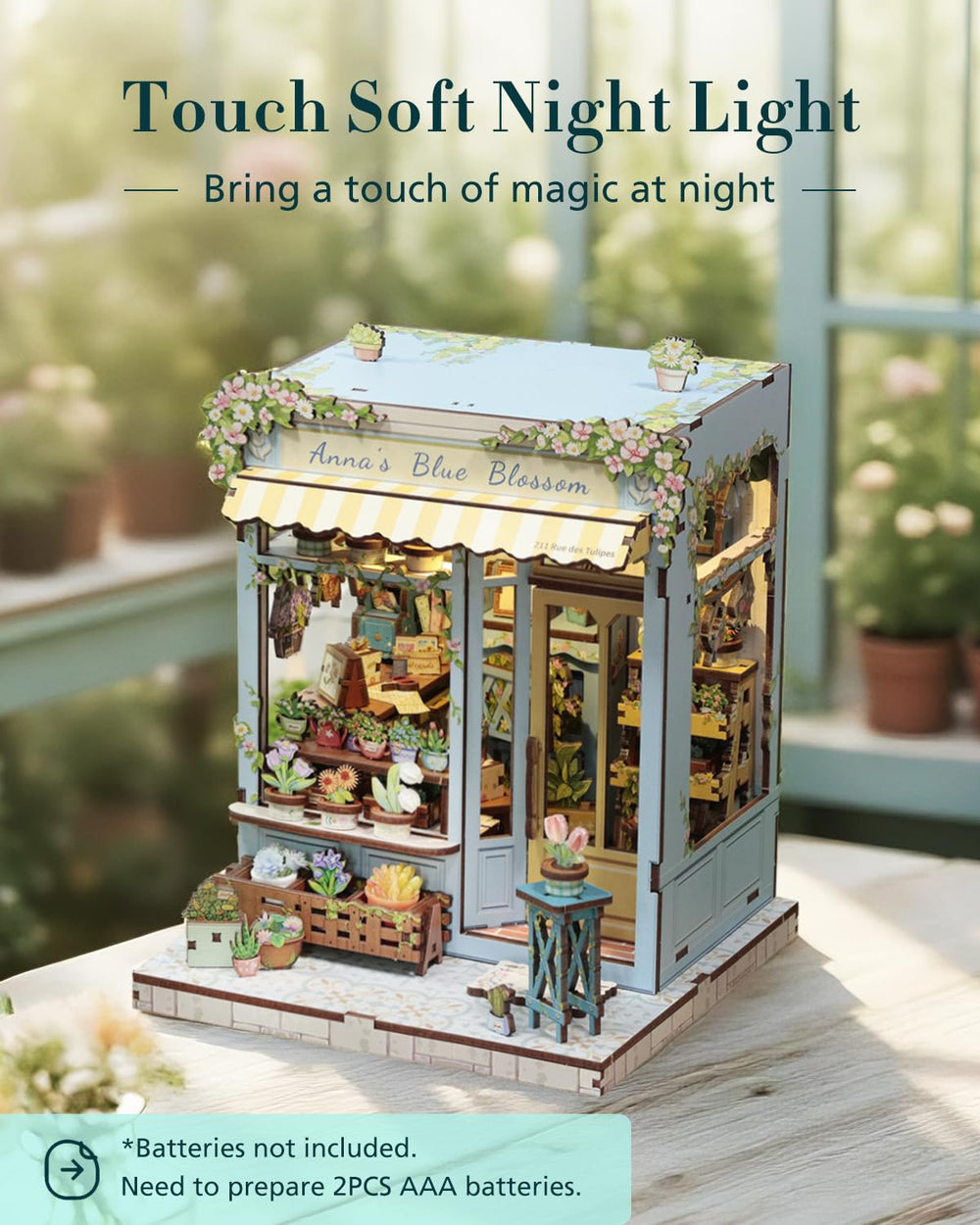 Cutefun Anna's Blue Blossom LED lighting adds warm ambience.