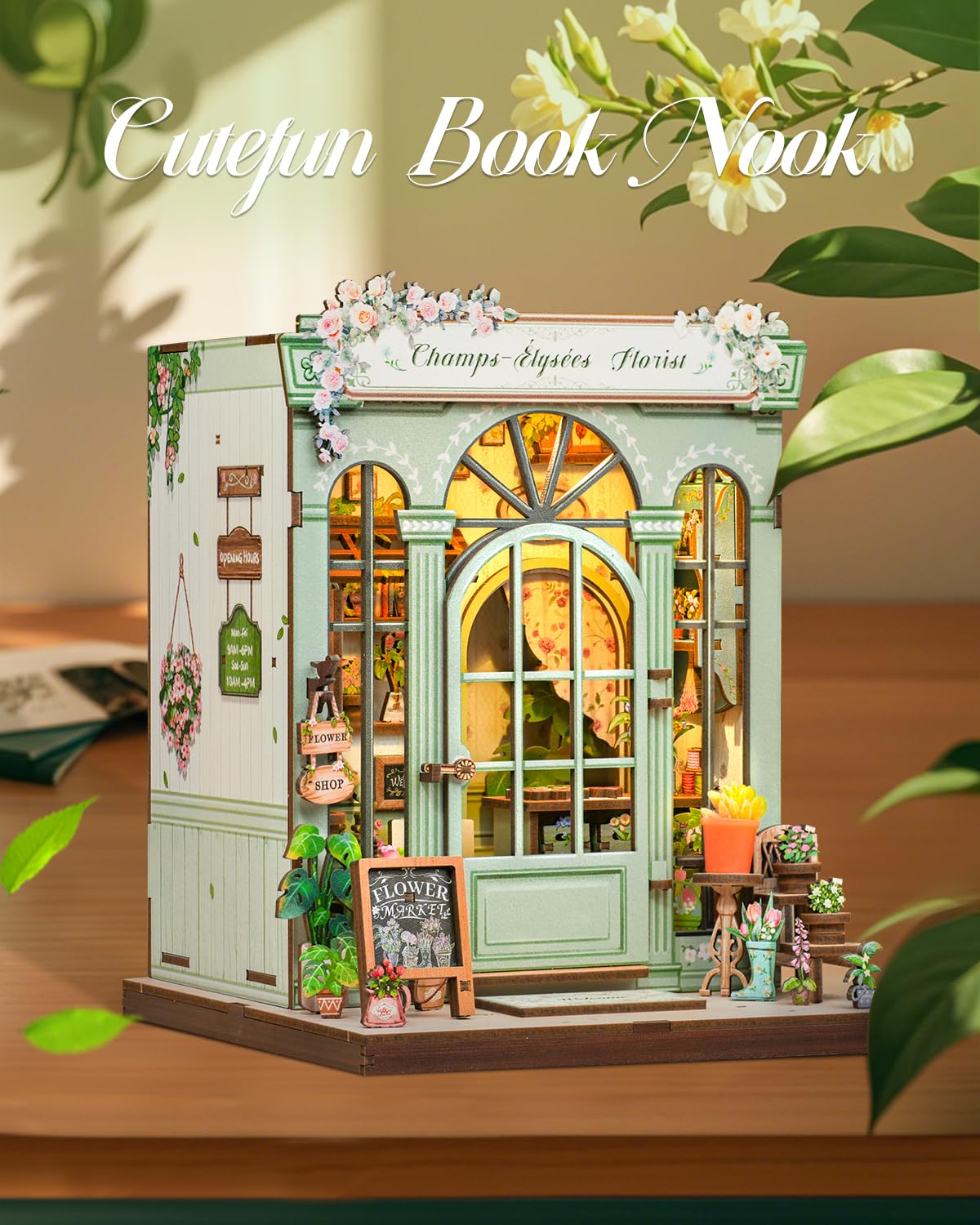 Instruction sheet and accessories tray in the Cutefun Book Nook kit.