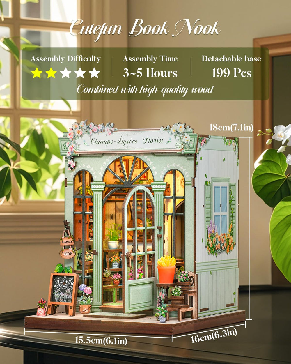 Interior shot of Cutefun Book Nook with LED lighting highlighting flowers.