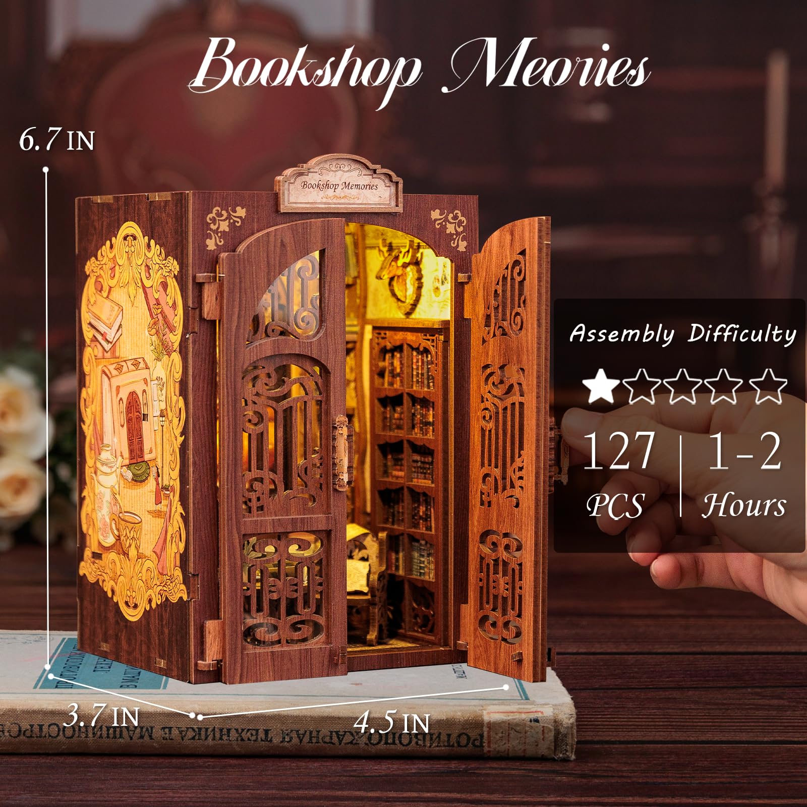 Cutefun Book Nook Kit 127 parts with a clear assembly diagram for beginners.
