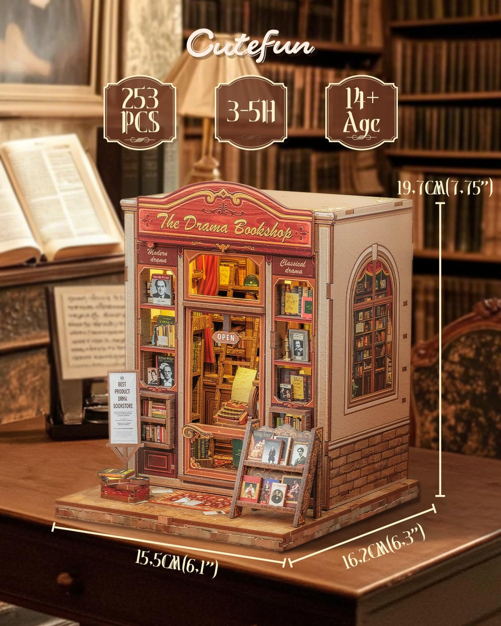 Cutefun Book Nook Kit assembly parts laid out for easy, beginner-friendly construction.