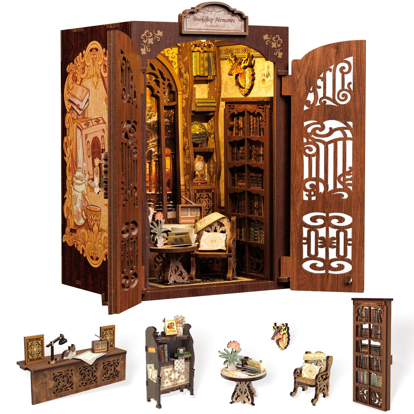 Cutefun Book Nook Kit cover image showing a cozy library setup on a shelf.