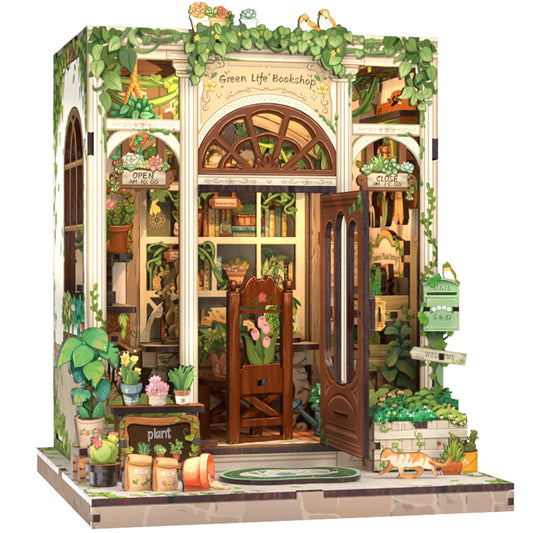 Cutefun Book Nook Green Life Bookshop display on a shelf for cozy decor