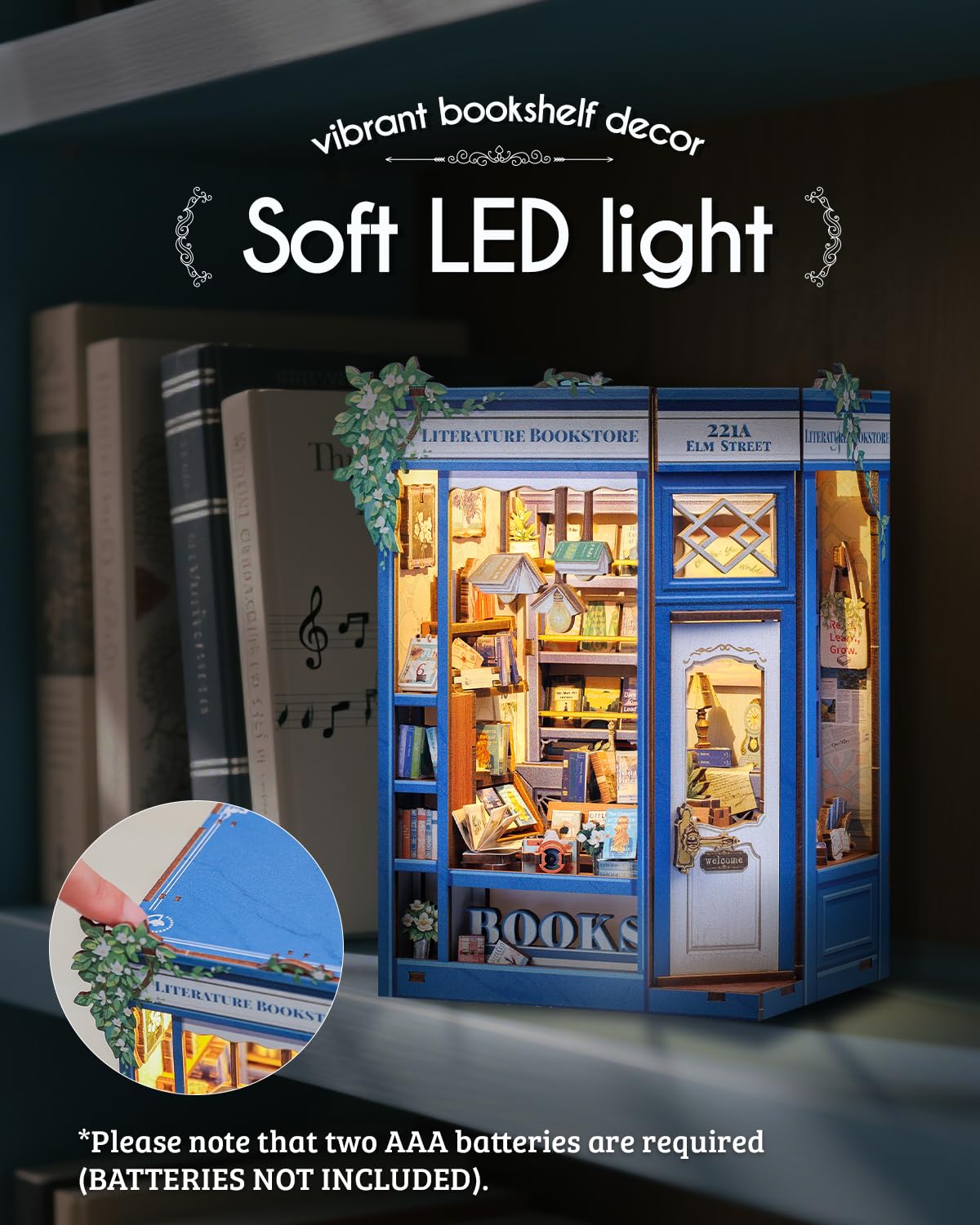 Cutefun Book Nook Kit LED light insert brightens shelves for ambiance.