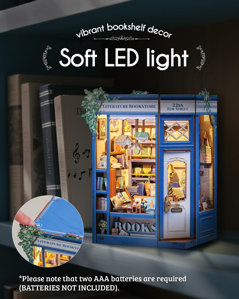Cutefun Book Nook Kit LED light insert brightens shelves for ambiance.