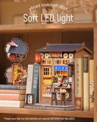 Cutefun Book Nook Kit LED lighting adds warm ambience to the miniature.