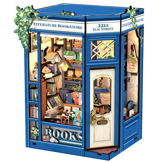 Cutefun Book Nook Kit displays a blue-white library shelf scene for cozy desk decor.