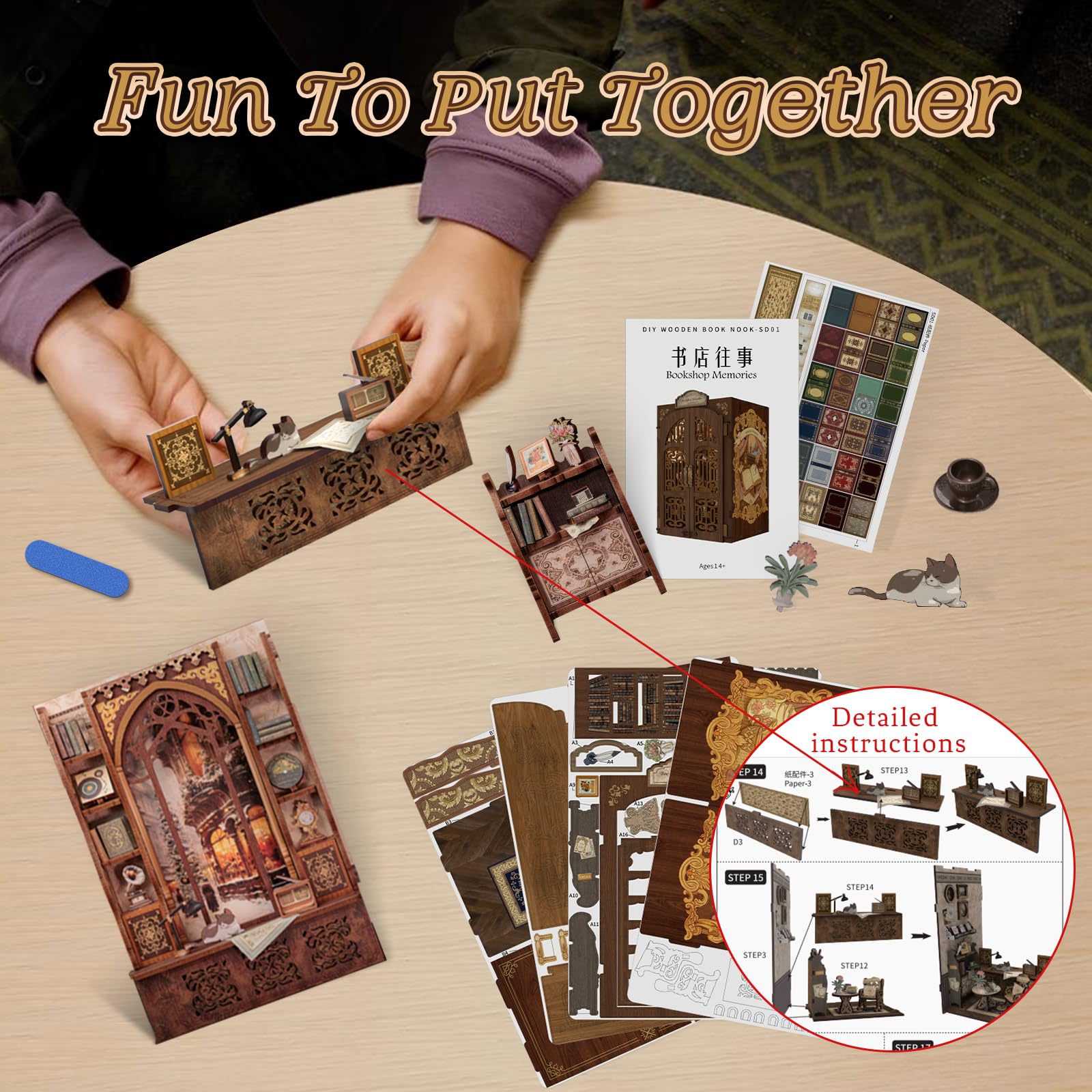 Cutefun Book Nook Kit warm LED light illuminating a miniature library scene.