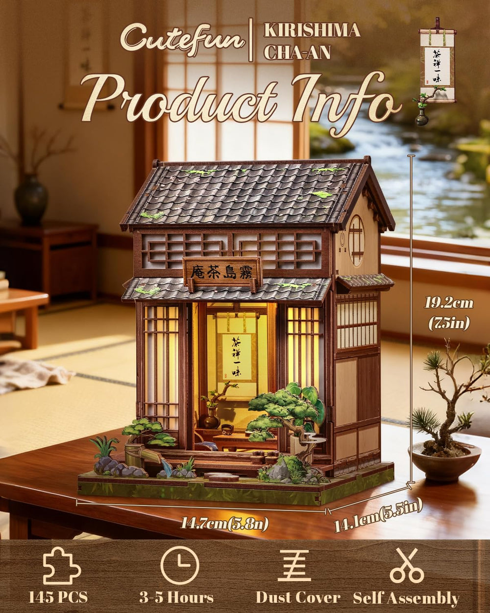 Cutefun Booknook LED warm light highlights miniature scene.