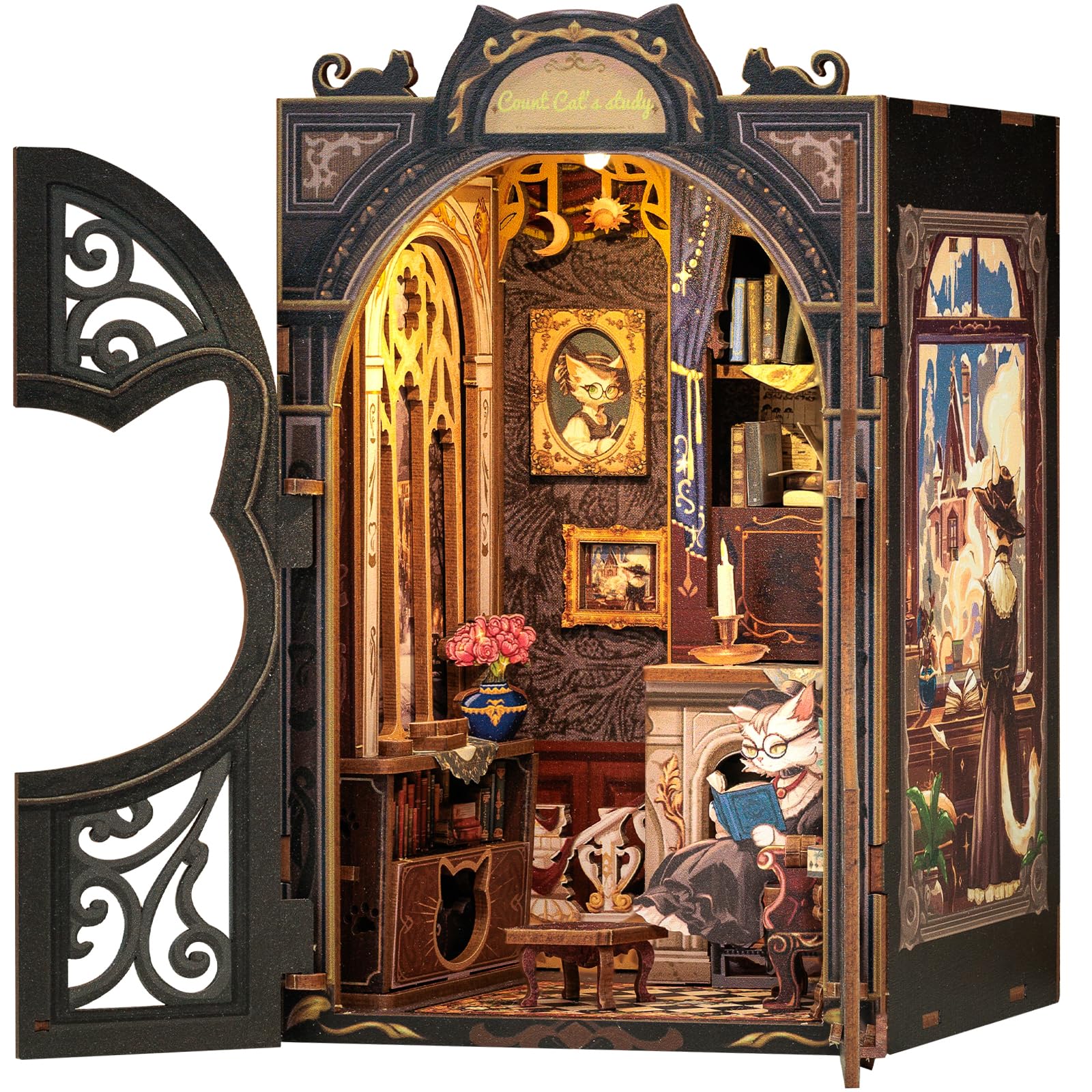 Cutefun Count Cat's Study book nook cover adds a charming bookshelf focal point