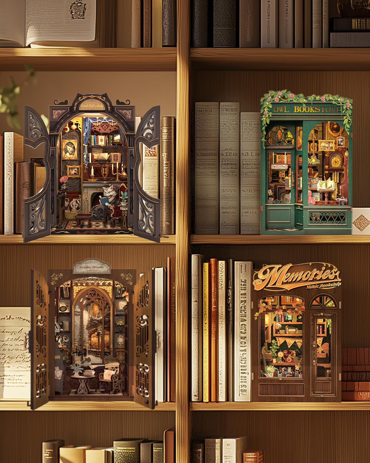 Cutefun book nook lit with soft lighting for an inviting reading nook feel.