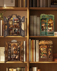 Cutefun book nook lit with soft lighting for an inviting reading nook feel.
