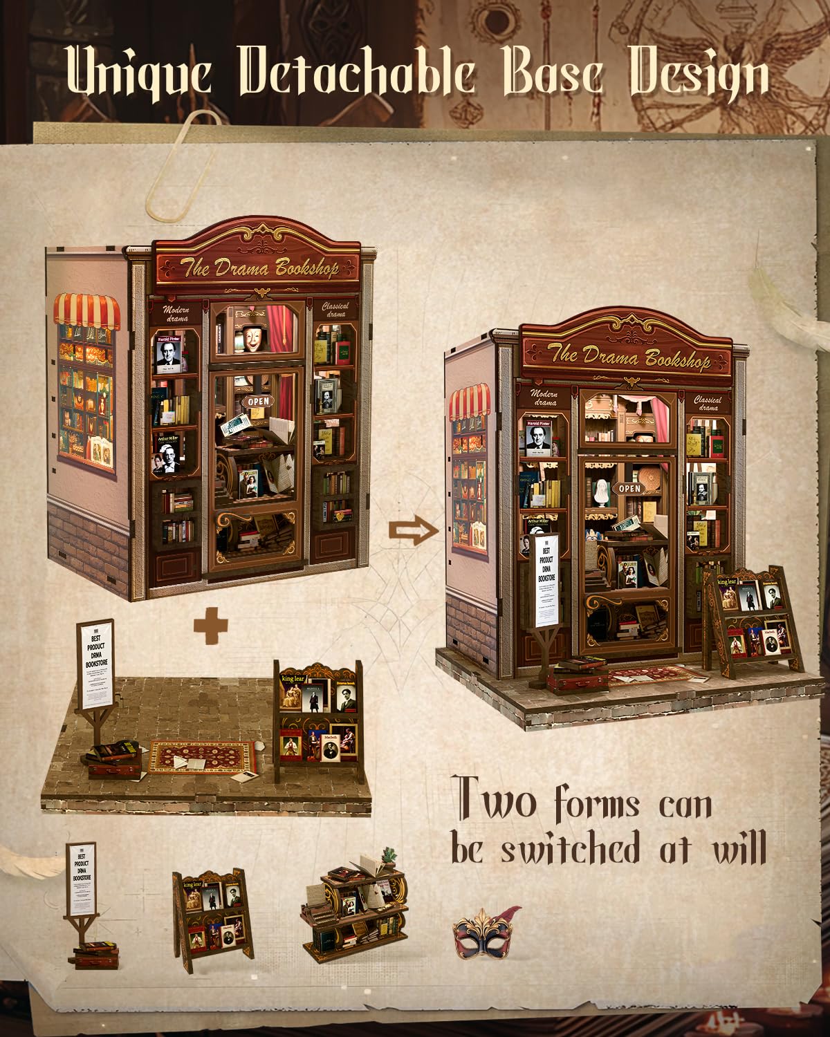 Cutefun miniature bookstore details capture dramatic arts ambience on a shelf.
