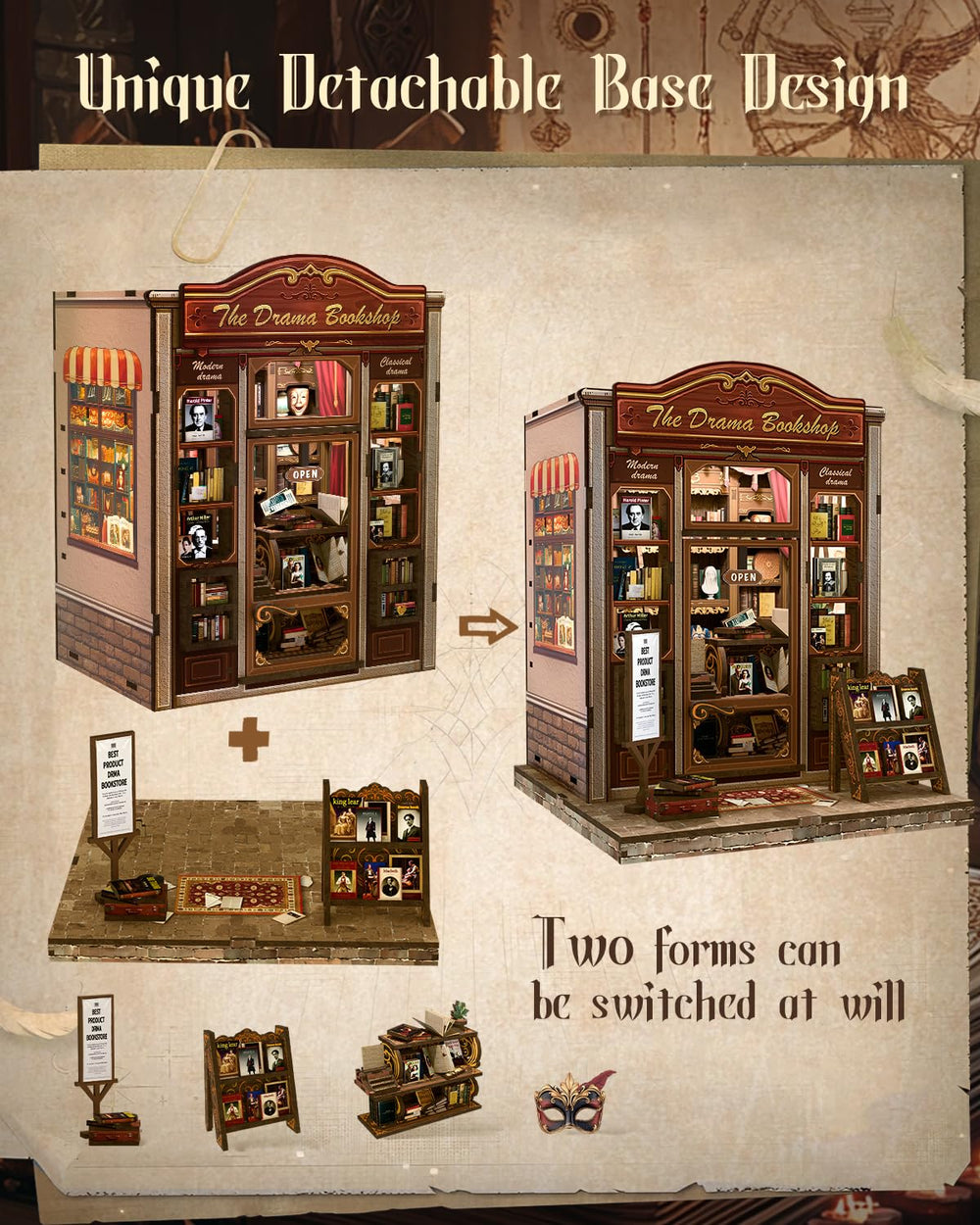 Cutefun miniature bookstore details capture dramatic arts ambience on a shelf.