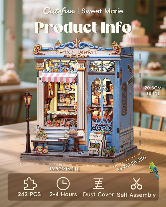 Cutefun Sweet Marie book nook kit focuses on a charming storefront for cozy shelves.