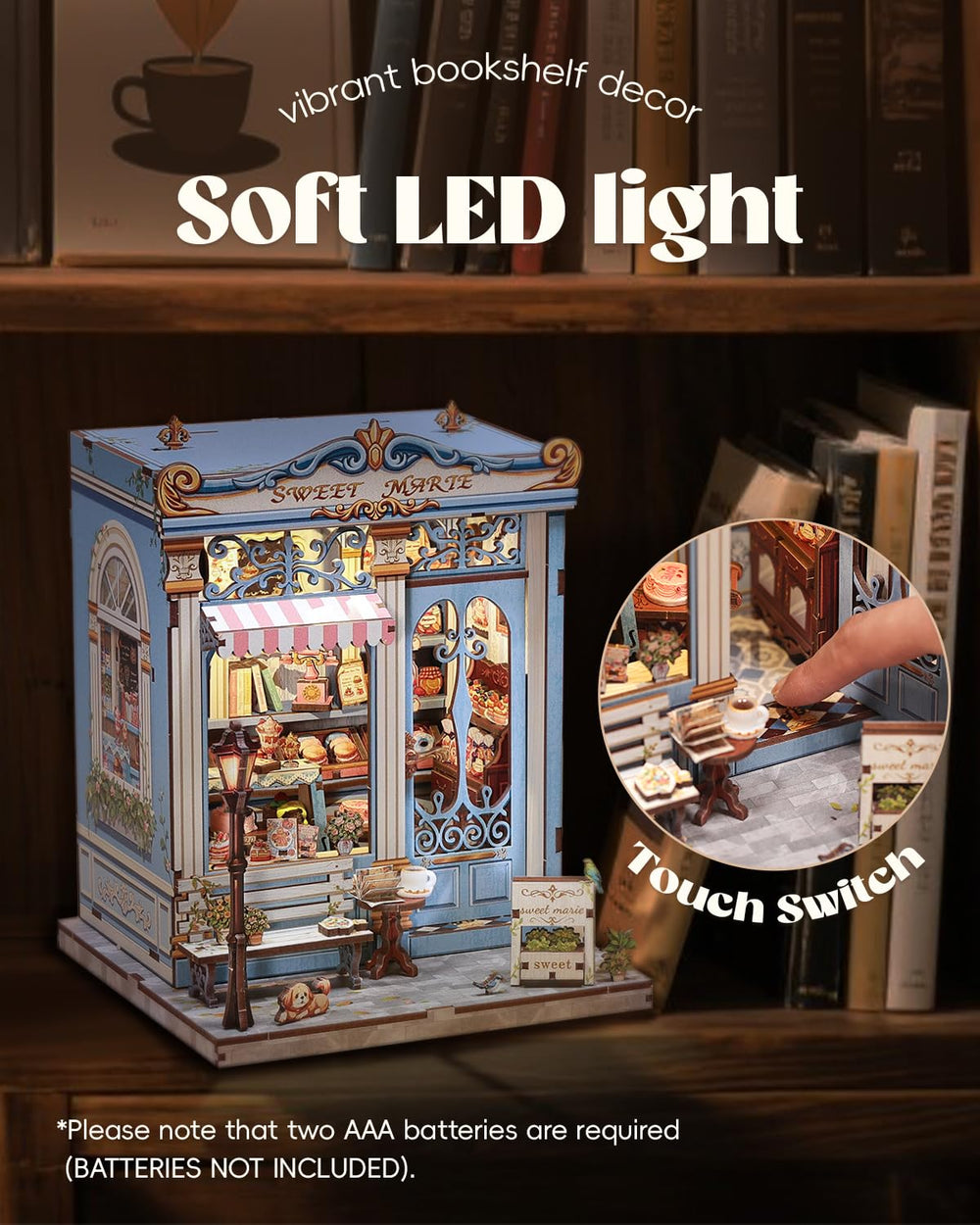 Cutefun Sweet Marie LED lighting brightens the miniature shop, enhancing shelf ambiance.