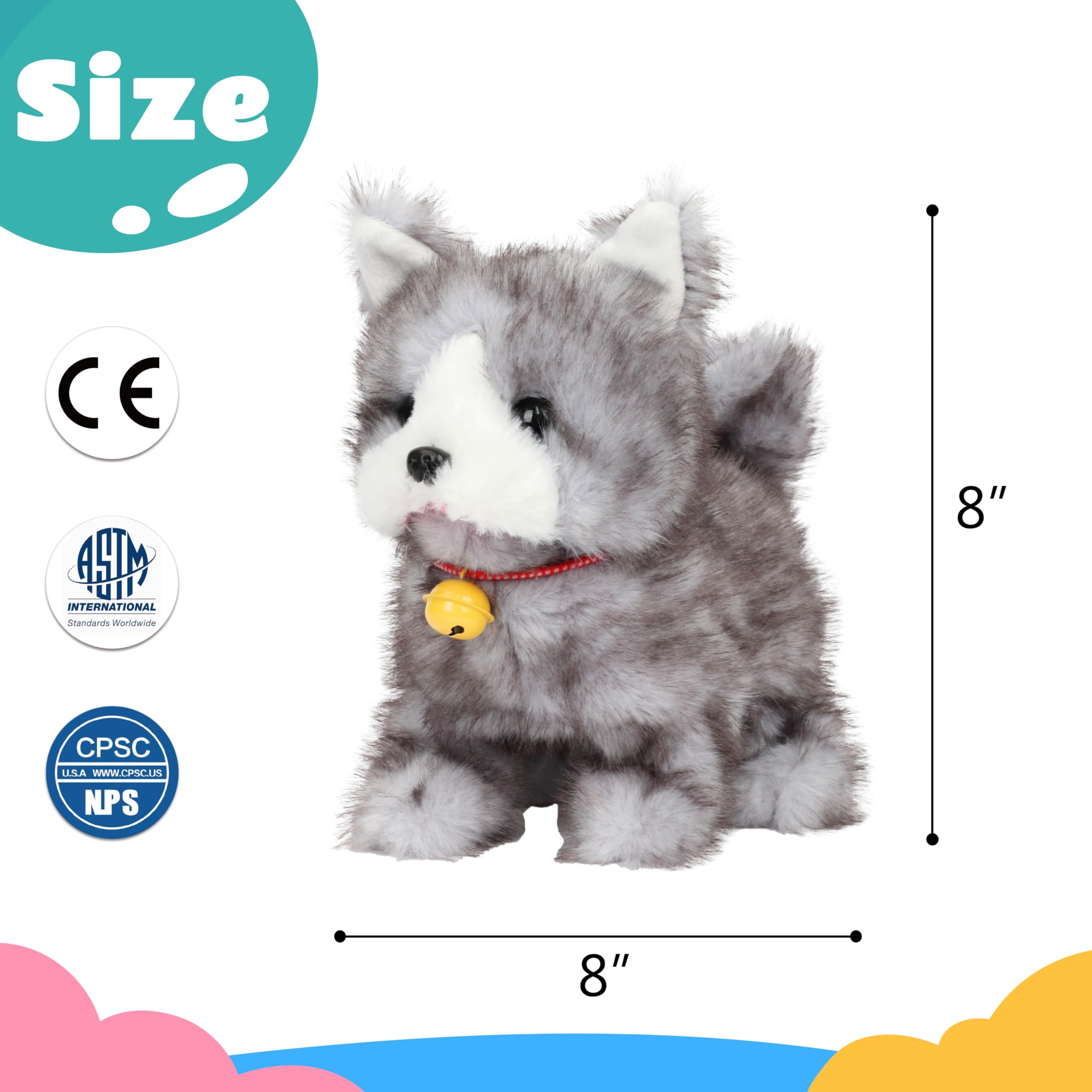 Cuteoy walking gray cat plush side view demonstrates movement and chirping features.