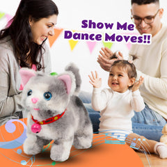 Cuteoy Walking Grey Cat plush toy in hand demonstrates compact size for travel.